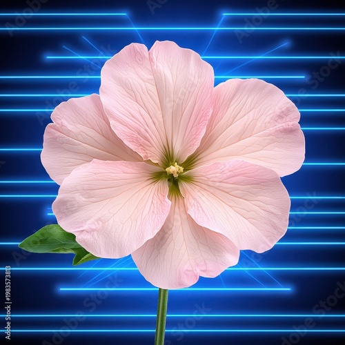 Pink Flower on Blue Neon Grid Background