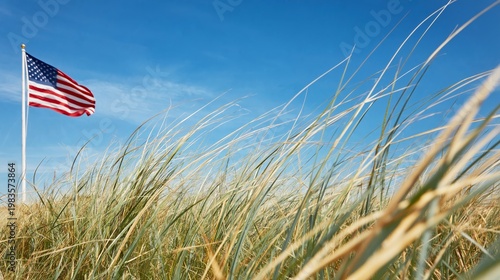 Grass Sways in the Wind Beneath an American Flag Under a Clear Blue Sky