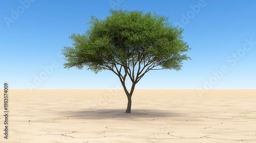 Pixelated Tree in Sandy Desert under Blue Sky
