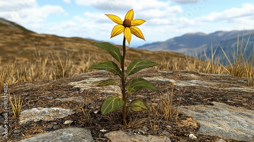 Pixelated Yellow Wildflower on Mountainside