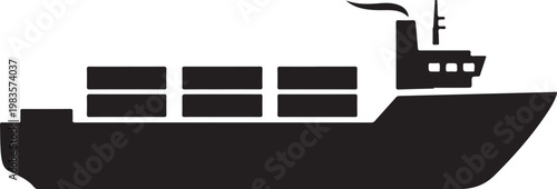 Cargo Ship, Container Ship, Freight Vessel, Black Icon, Vector Illustration