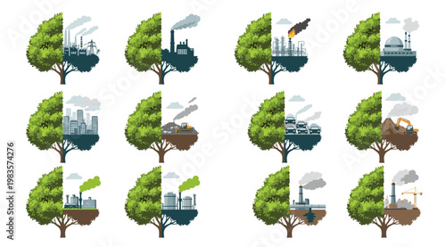 Collage of trees depicting environmental balance versus industrial impact and pollution