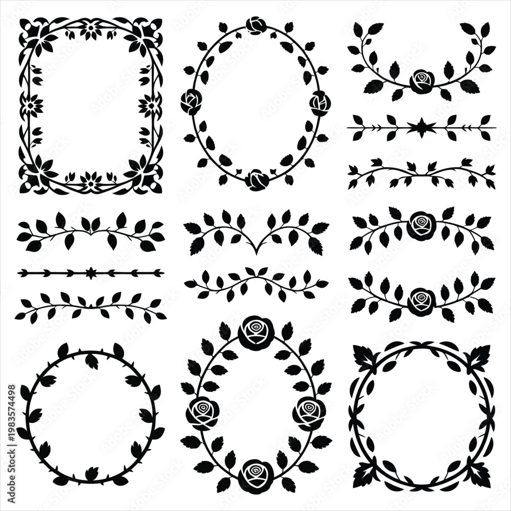 Obraz premium Collection of decorative floral borders and frames with roses and leaves