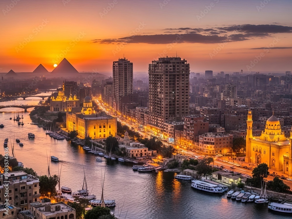 Fototapeta premium Sunset over cairo with the nile river and pyramids