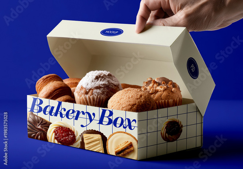 Open Bakery Packaging with Pastries on Blue Background Mockup