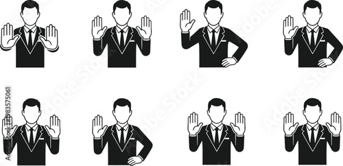 Set of eight businessmen in suits raising hands for oath or greeting.
