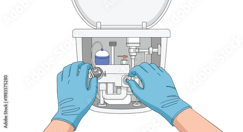 From a top-down perspective, two hands clad in blue protective gloves carefully adjust the intricate float and fill valve mechanisms inside a toilet tank.
