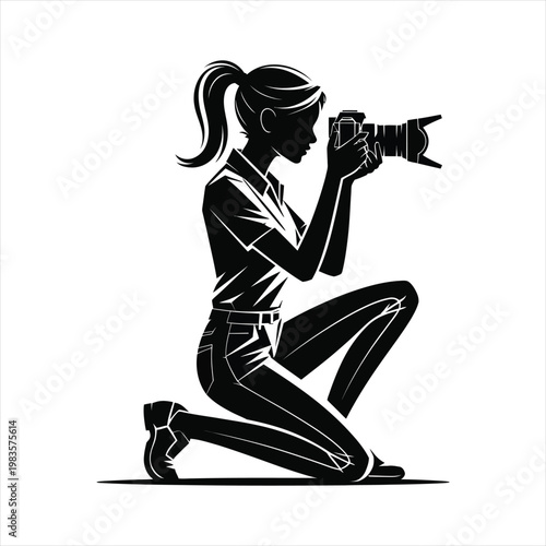 Woman photographer kneeling with camera taking picture