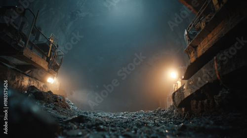 Empty underground tunnel background with cinematic lighting, industrial mine shaft interior with dust and spotlights, construction site backdrop for heavy machinery