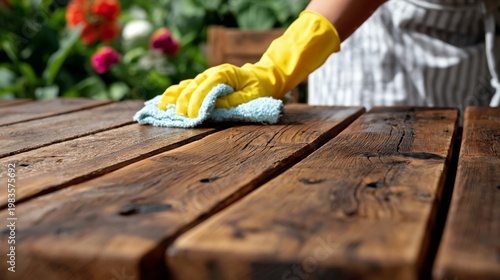Cleaning a Wooden Table in a Garden During Daylight Hours With Colorful Flowe...