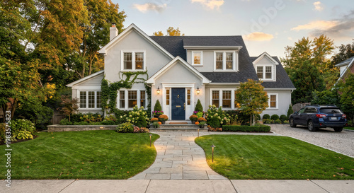 Modern Suburban Family House Exterior with Front Yard and Residential Neighborhood