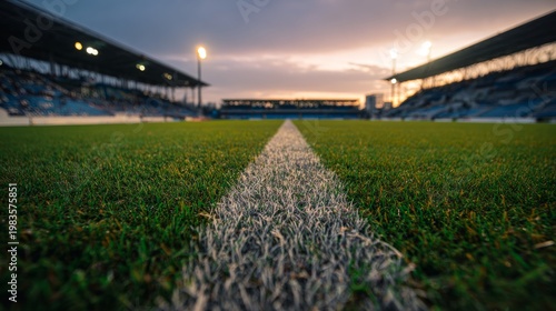 tournament. Soccer field illuminated by stadium lights at dusk with empty stands. event key visuals, club posters, designed for sports event promotions and stadium branding.
