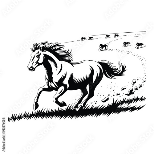 Black and white horse running in a grassy field