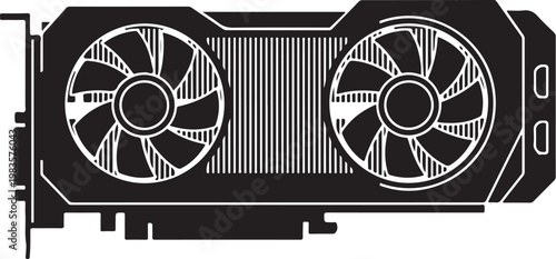 Computer graphics card, GPU vector illustration, black and white, fan design, computer hardware