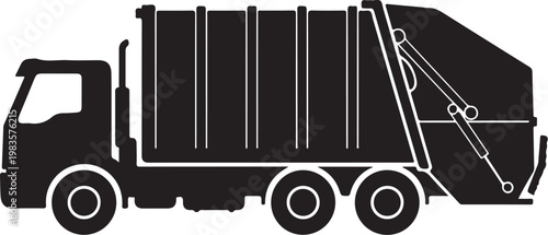 Black garbage truck, waste management vehicle, sanitation truck, dumpster lifter