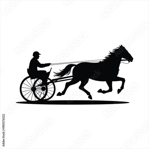 Silhouette of a horse pulling a chariot with a driver during a race