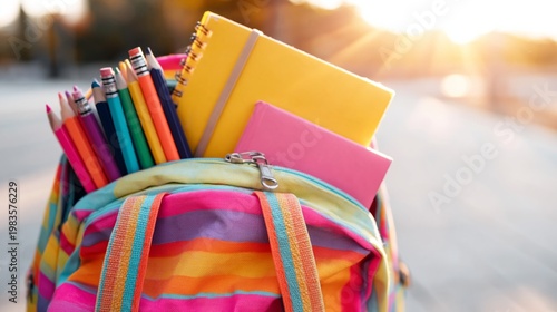 Colorful Backpack Filled With School Supplies Sits on a Table During Sunset