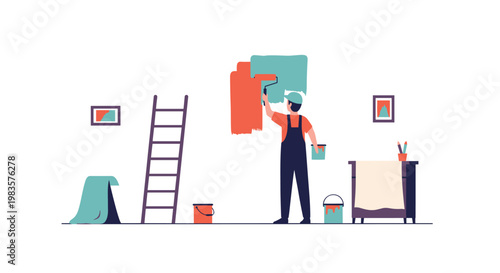 A professional male painter wearing dark blue overalls meticulously applies vibrant teal and orange paint to an indoor wall using a long-handled roller.