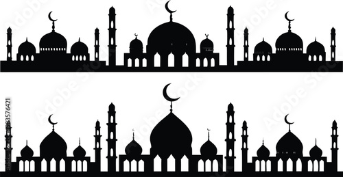 Panoramic mosque silhouette scene with multiple minarets and domes
