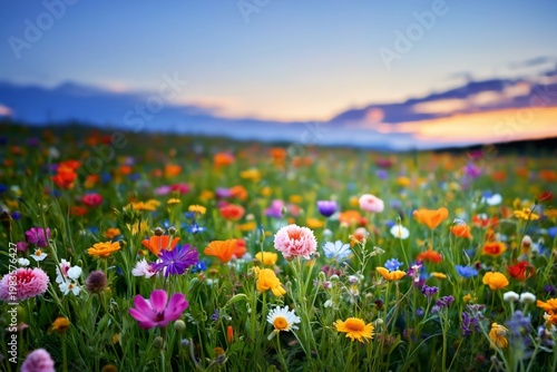 Colorful Wildflowers Bloom in a Field During Sunset in Springtime