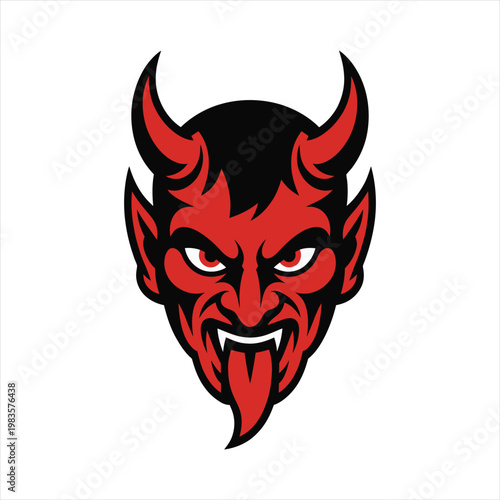 Red face of a creature with horns and tongue sticking out, white background