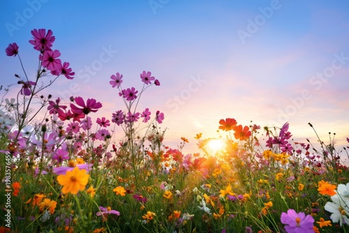 Colorful Wildflowers Bloom in a Field During Sunset in Springtime