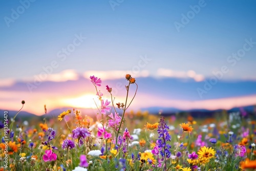 Colorful Flowers Bloom in a Field During Sunset Near Mountains in Spring Season