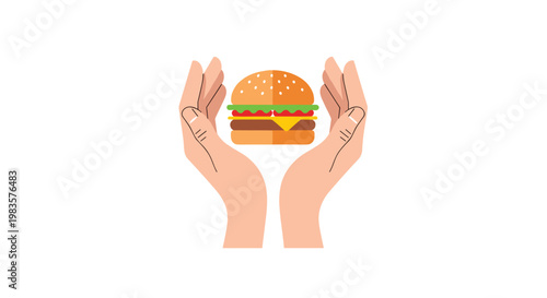 Two symmetrical hands gently cup a delicious multilayered cheeseburger with a sesame seed bun against a clean white background in a minimalist flat style.