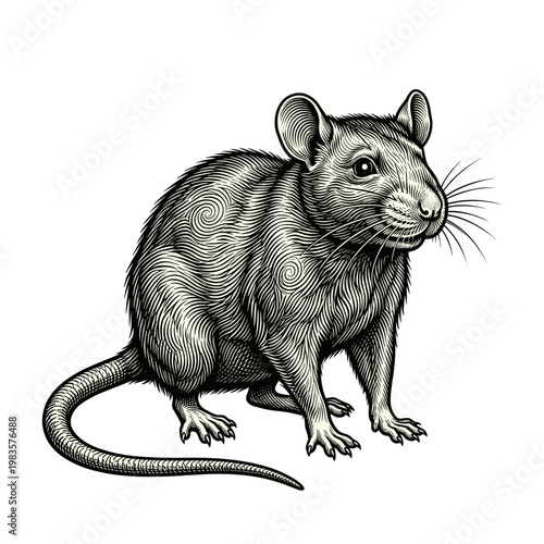 Vintage engraving style rat illustration, detailed black and white rodent portrait isolated on white background
