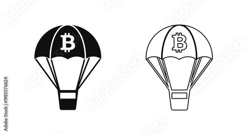 Two bitcoin parachutes descending depicted in a simple black and white style