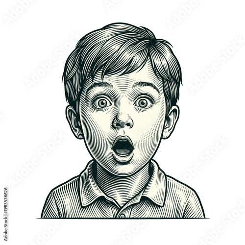 Surprised boy portrait illustration, shocked facial expression with wide eyes and open mouth, vintage engraving style line art