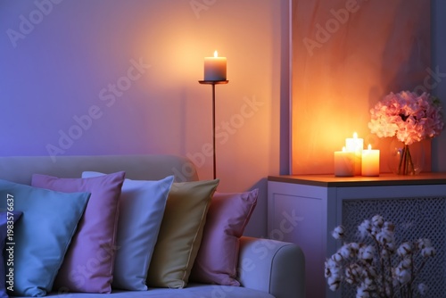 Cozy Living Room Setting With Candles and Soft Cushions During Evening Hours
