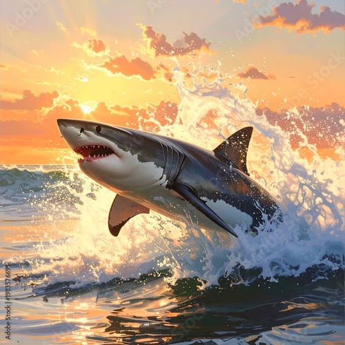 A shark jumping out of the ocean with sunset in background