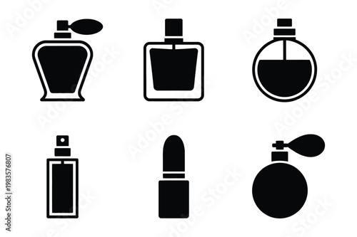Cosmetic and perfume bottle icons: lipstick, spray, and classic bottle shapes