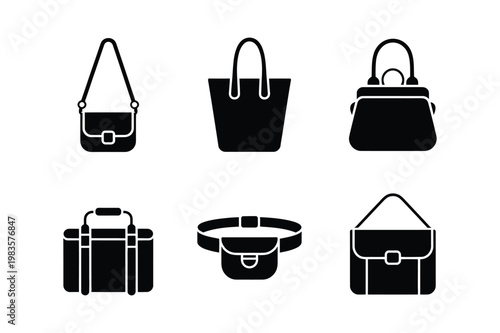 Fashion accessory icons: purses handbags duffel bag belt bag shoulder bag