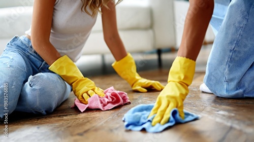 Two People Clean Wooden Floor With Cloths and Yellow Gloves in a Living Room ...