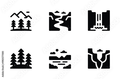 Nature landscape icons set with landscape mountain waterfall environment