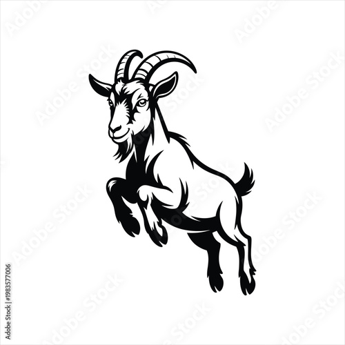 Schilderij op canvas Jumping mountain goat illustration with curved horns and energetic pose in black