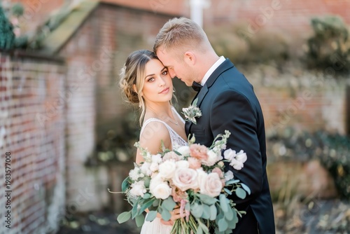 Couple Stands Together in a Garden Holding Flowers During a Wedding Ceremony ...