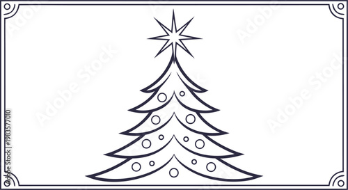 Black and white christmas tree silhouette with star topper and ornaments