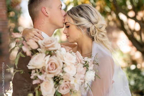 Couple Stands Together in a Garden Holding Flowers During a Wedding Ceremony ...