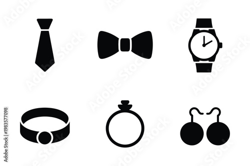 Mens accessories icons: tie bowtie watch bracelet ring earrings with bracelet