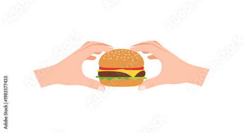 A pair of pale hands firmly grips a fresh gourmet hamburger from the top and bottom showing layers of melted cheese and crisp green lettuce leaves clearly.