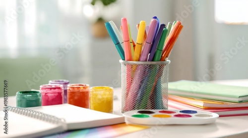 Creative Tools on a Table With Markers, Paints, and a Blank Notebook Ready fo...