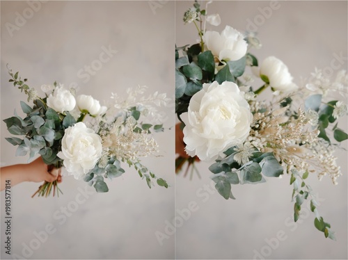 Elegant White Flower Bouquet Held Against a Soft Background During Sunny Dayl...