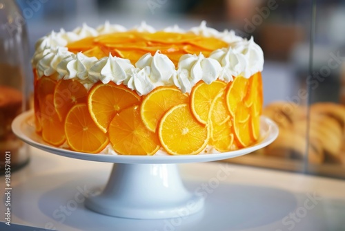 Cake With Orange Slices on a White Stand in a Kitchen Setting During the Day