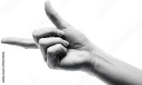 Monochrome halftone human hand pointing left with index finger isolated on transparent background vintage engraved style vector art for poster design ads.