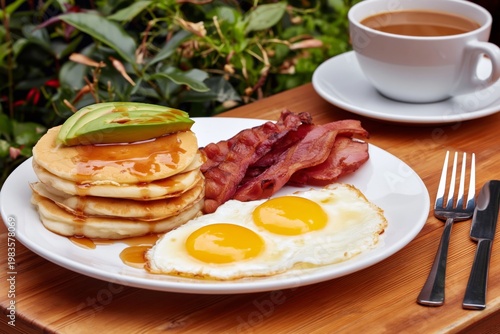 Breakfast Plate With Pancakes, Eggs, Bacon, and Coffee on a Wooden Table Surr...