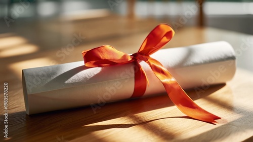 Diploma Rolled and Tied With Red Ribbon Placed on Wooden Floor With Light Cas...