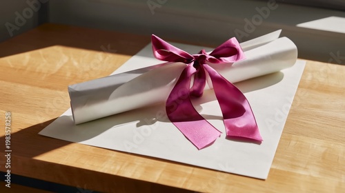 Diploma Rolled and Tied With Red Ribbon Placed on Wooden Floor With Light Cas...